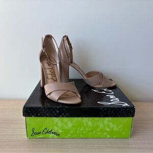 Sam Edelman Blush Tan Crisscross Ankle-Strap Block Heels